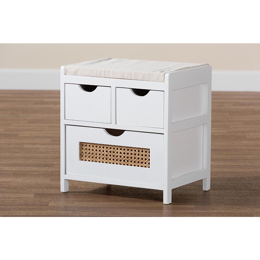 White Finished Wood 3-Drawer Storage Bench with Natural Rattan. Picture 9