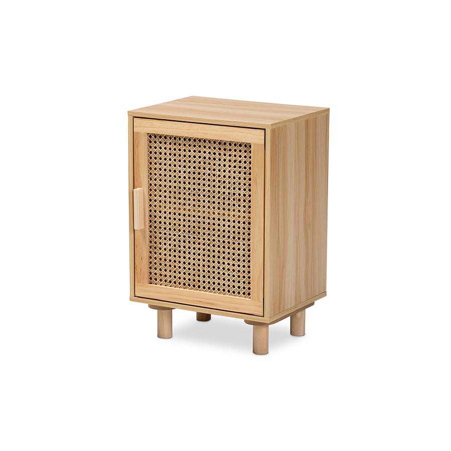 Baxton Studio Maclean Mid-Century Modern Rattan and Natural Brown Finished Wood 1-Door Nightstand. Picture 1