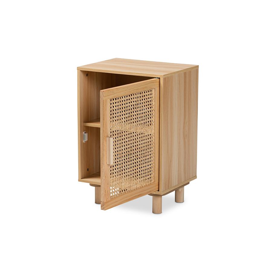 Baxton Studio Maclean Mid-Century Modern Rattan and Natural Brown Finished Wood 1-Door Nightstand. Picture 2