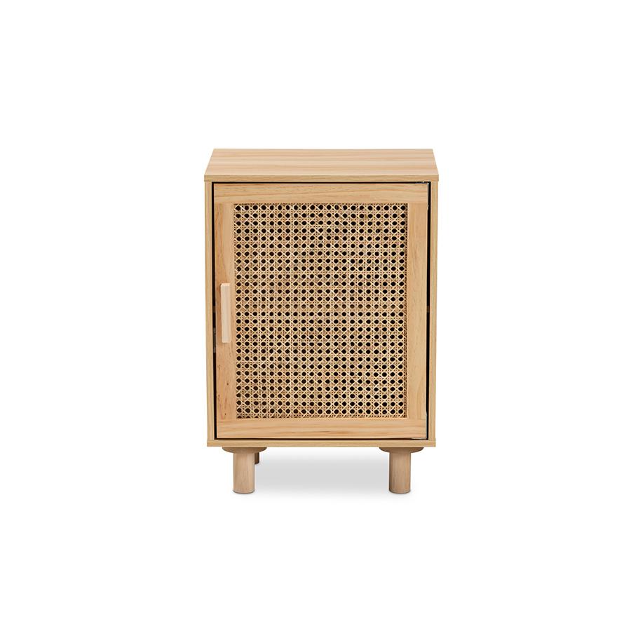 Baxton Studio Maclean Mid-Century Modern Rattan and Natural Brown Finished Wood 1-Door Nightstand. Picture 3