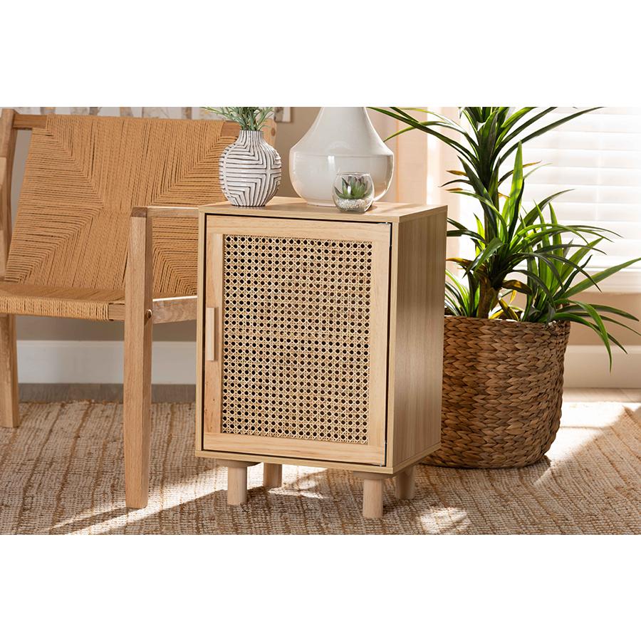 Baxton Studio Maclean Mid-Century Modern Rattan and Natural Brown Finished Wood 1-Door Nightstand. Picture 8