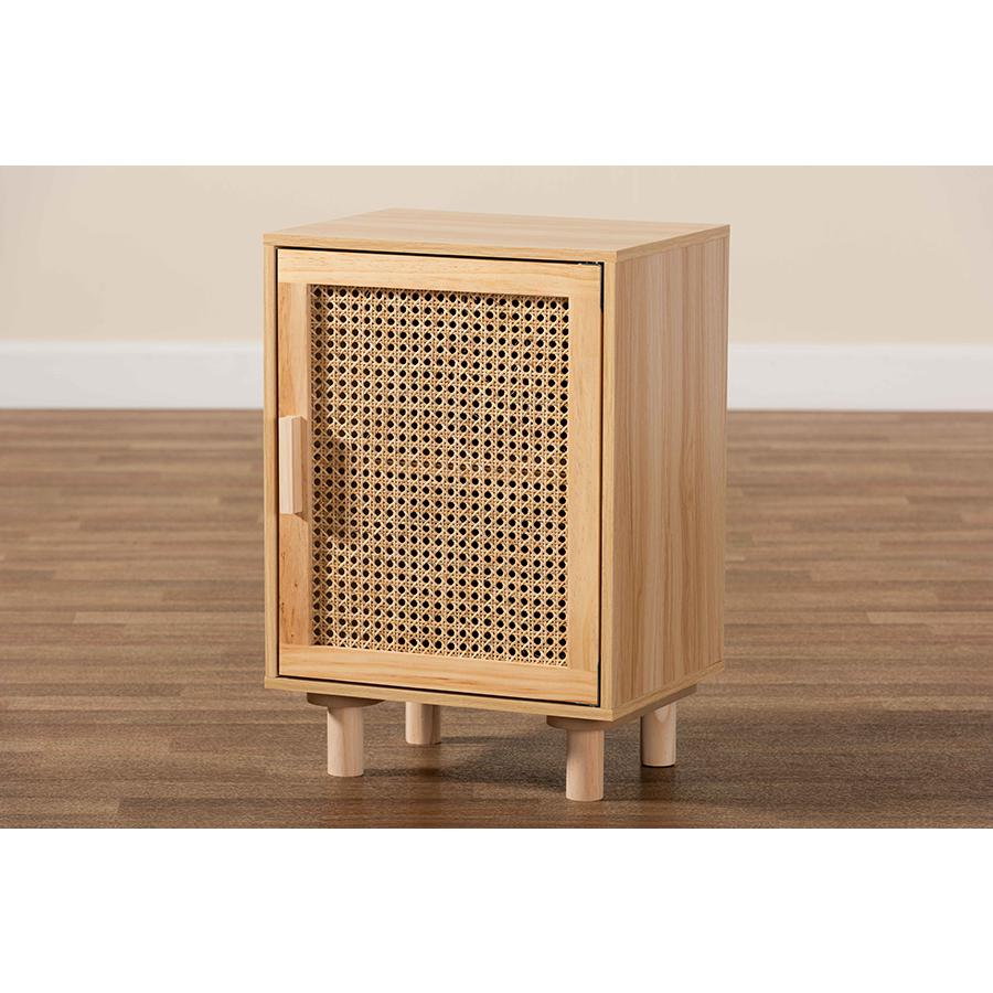 Baxton Studio Maclean Mid-Century Modern Rattan and Natural Brown Finished Wood 1-Door Nightstand. Picture 9