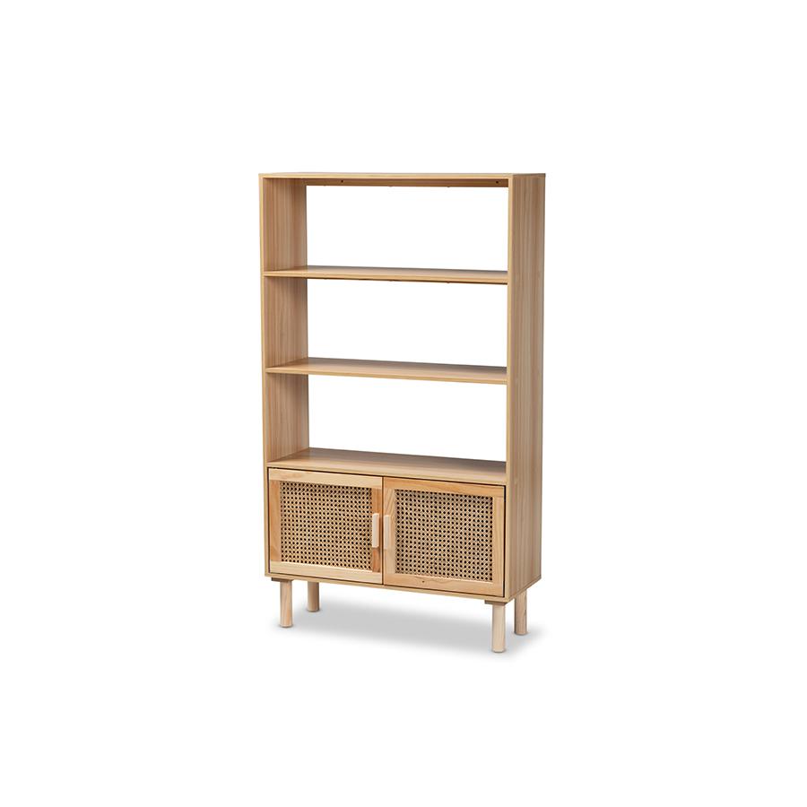 Natural Brown Finished Wood and Rattan 2-Door Bookcase. Picture 1