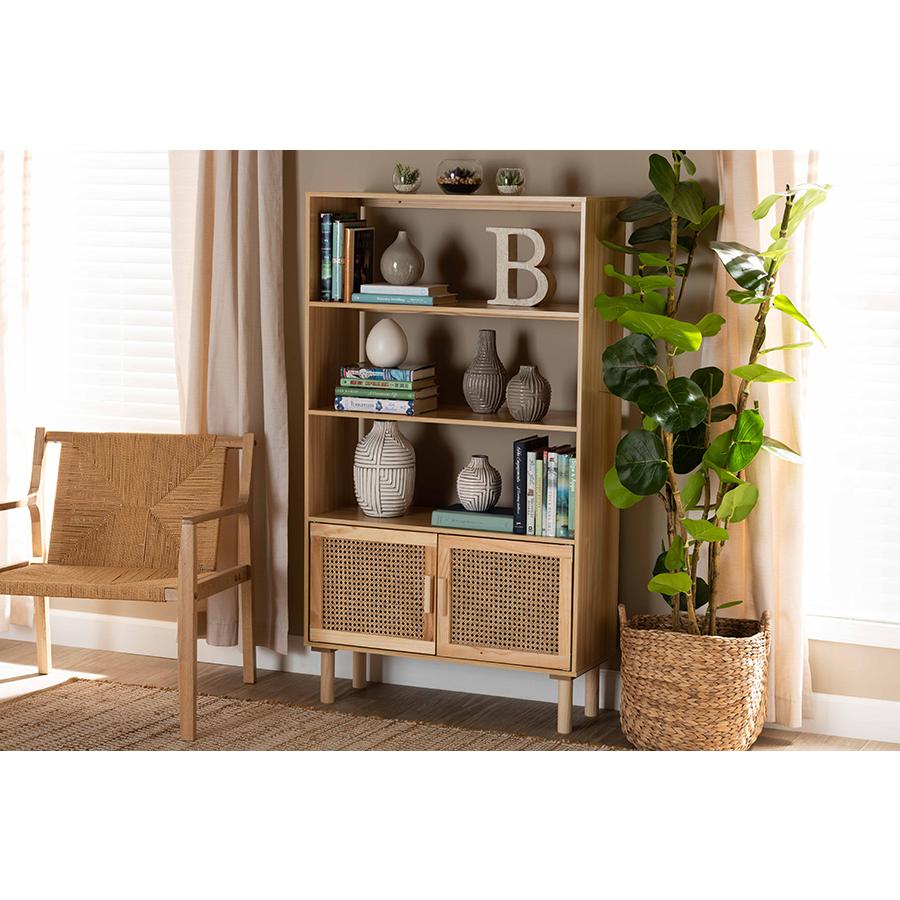 Natural Brown Finished Wood and Rattan 2-Door Bookcase. Picture 8