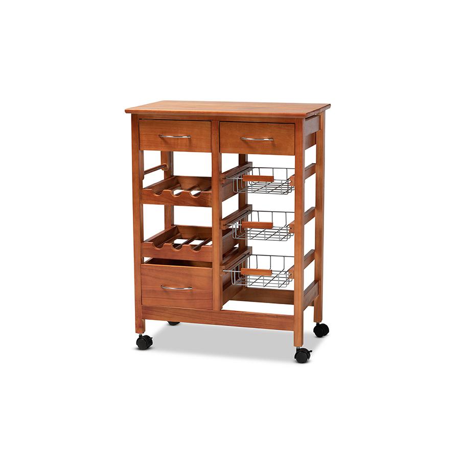 Oak Brown Finished Wood and Silver-Tone Metal Mobile Kitchen Storage Cart. Picture 1
