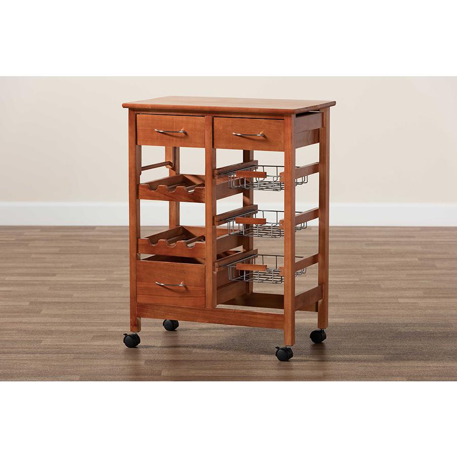 Oak Brown Finished Wood and Silver-Tone Metal Mobile Kitchen Storage Cart. Picture 13