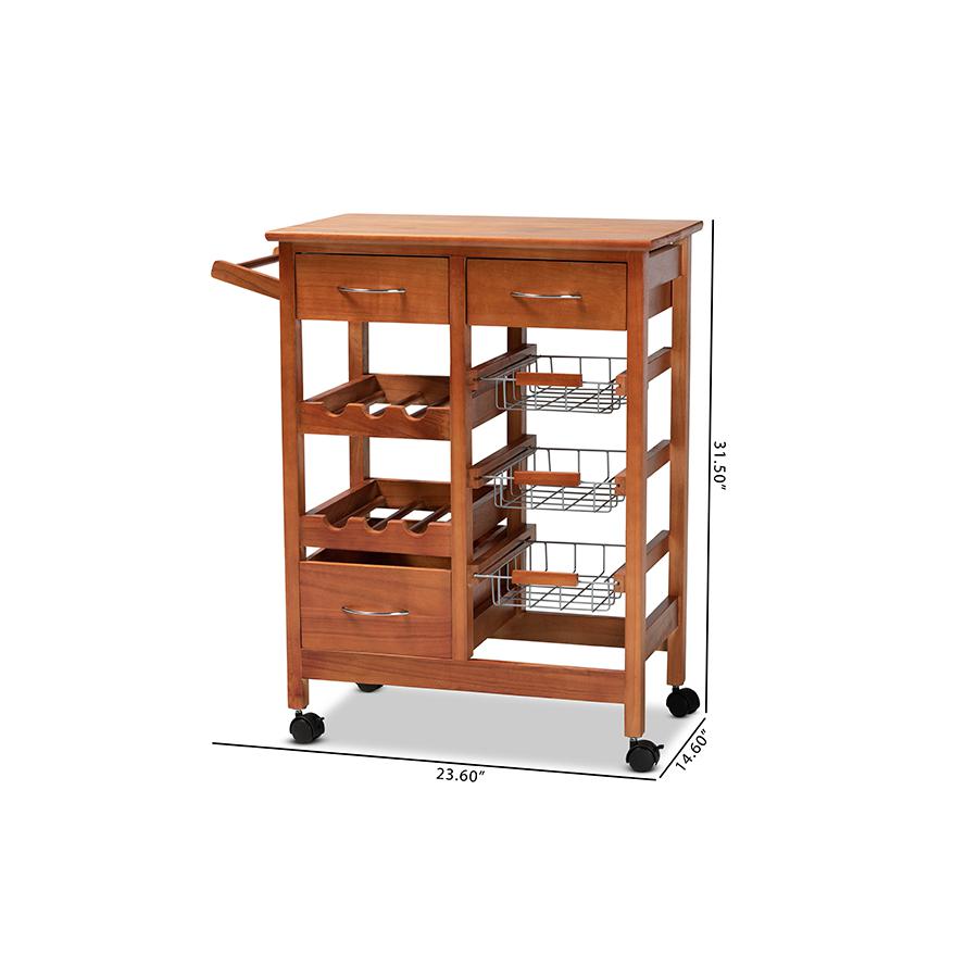 Oak Brown Finished Wood and Silver-Tone Metal Mobile Kitchen Storage Cart. Picture 14