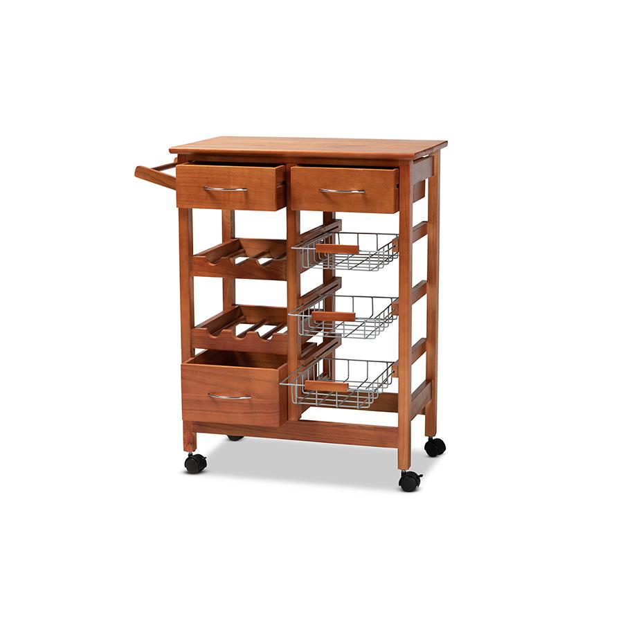 Oak Brown Finished Wood and Silver-Tone Metal Mobile Kitchen Storage Cart. Picture 2