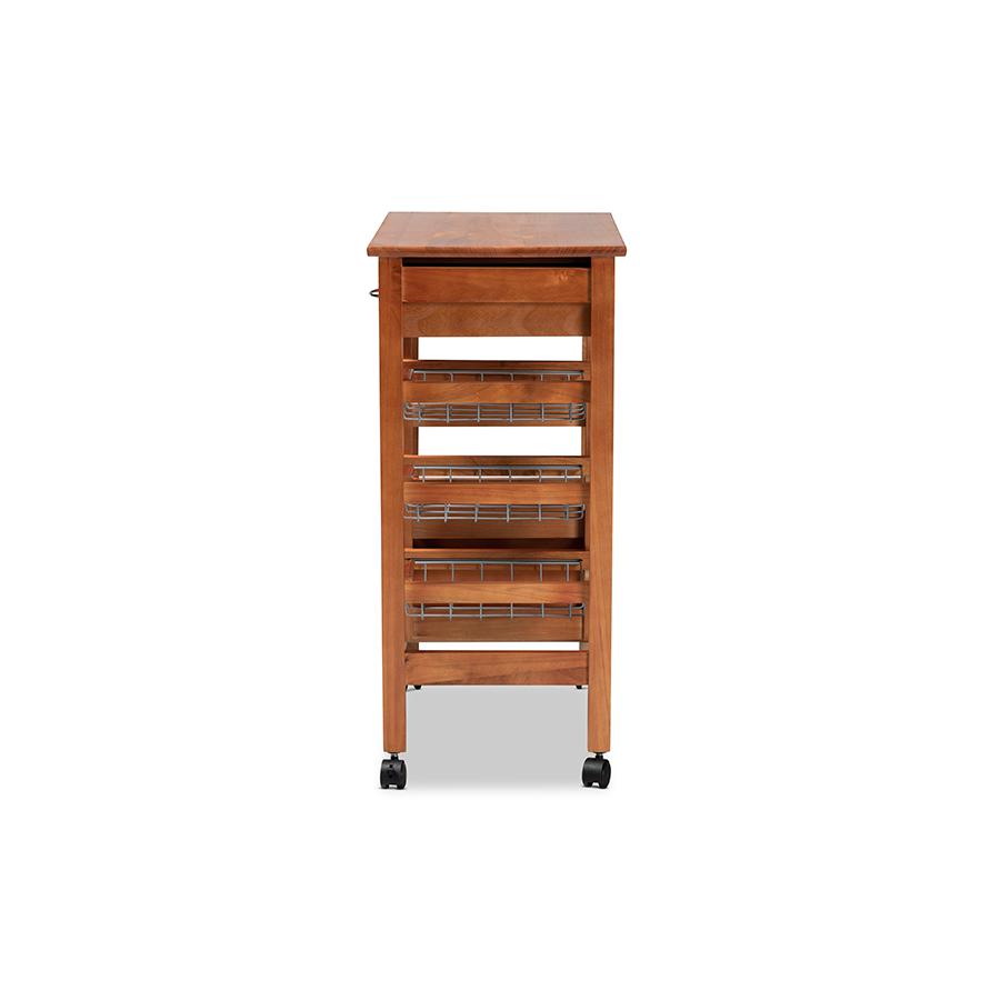 Oak Brown Finished Wood and Silver-Tone Metal Mobile Kitchen Storage Cart. Picture 4