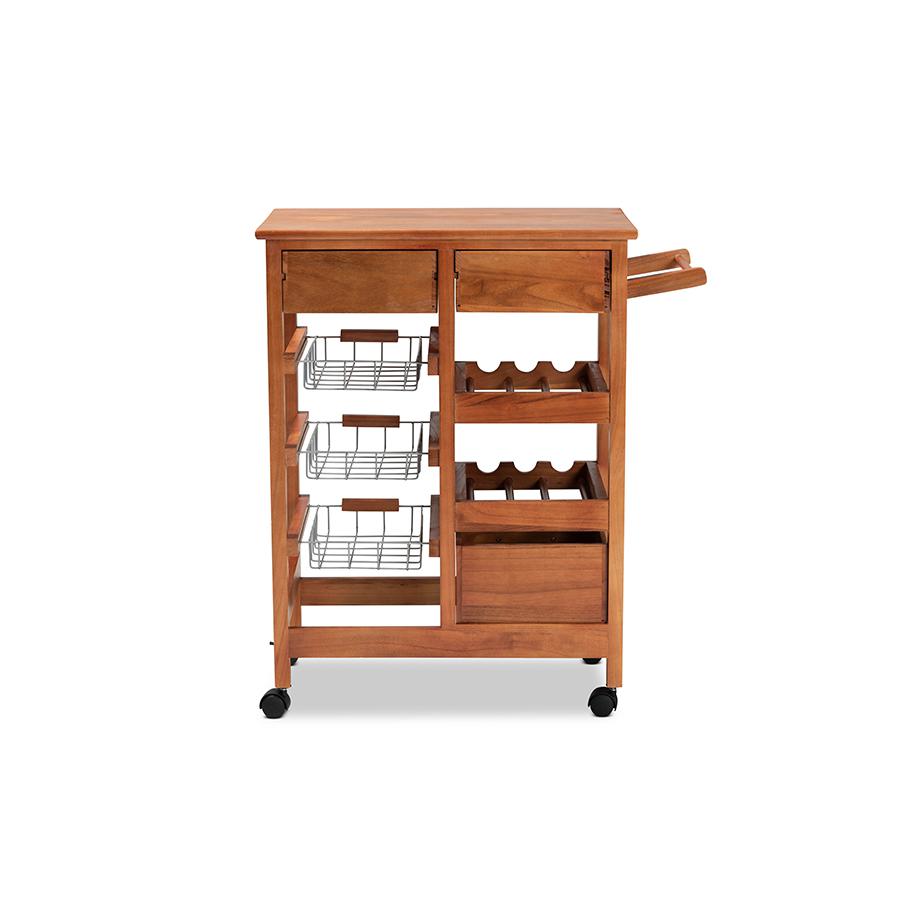 Oak Brown Finished Wood and Silver-Tone Metal Mobile Kitchen Storage Cart. Picture 5