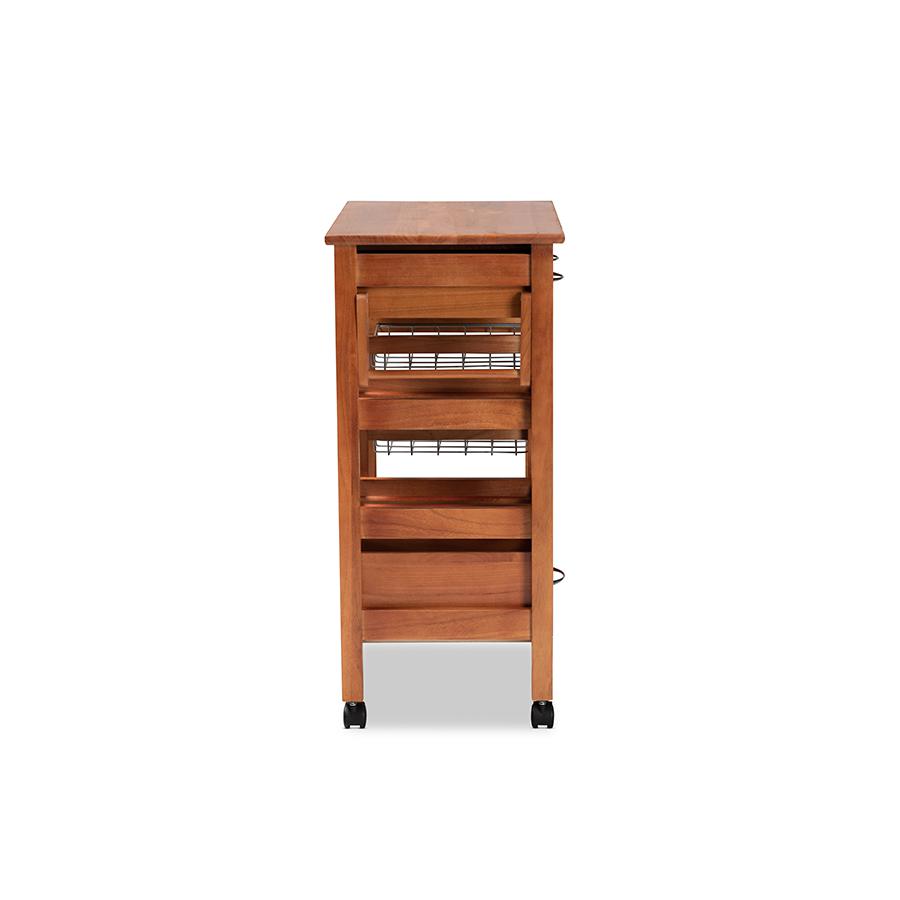 Oak Brown Finished Wood and Silver-Tone Metal Mobile Kitchen Storage Cart. Picture 6