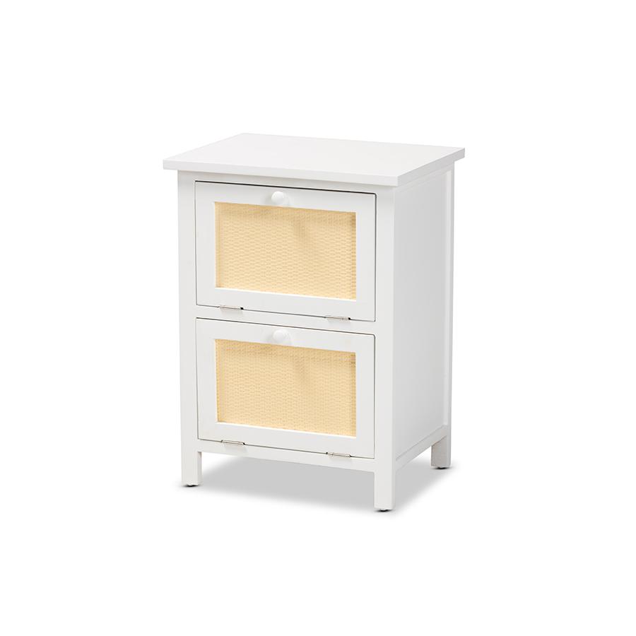 Baxton Studio Sariah Mid-Century Modern White Finished Wood and Rattan 2-Door Nightstand. Picture 1