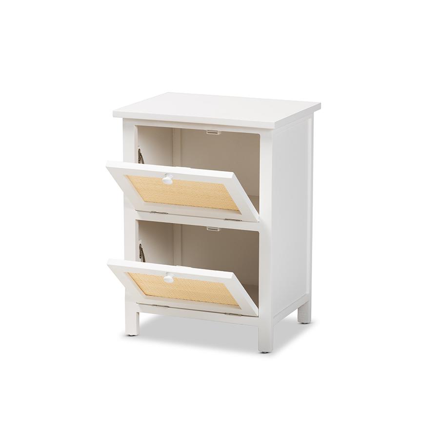 Baxton Studio Sariah Mid-Century Modern White Finished Wood and Rattan 2-Door Nightstand. Picture 2