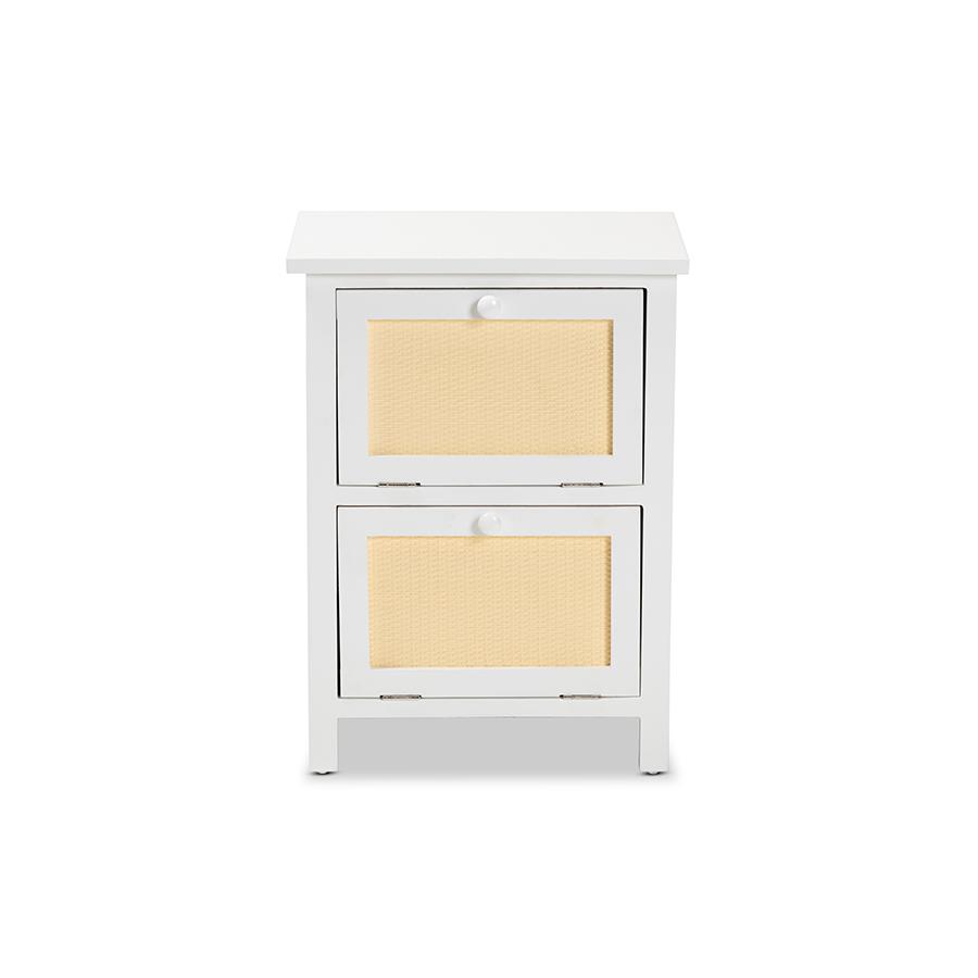 Baxton Studio Sariah Mid-Century Modern White Finished Wood and Rattan 2-Door Nightstand. Picture 3