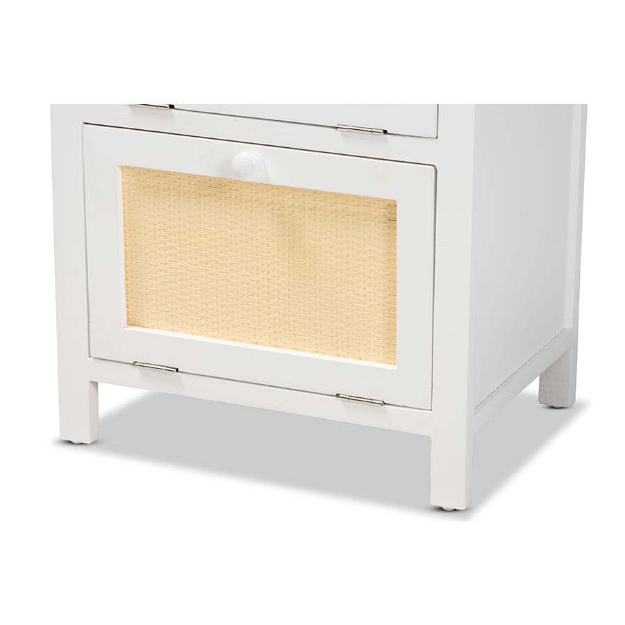 Baxton Studio Sariah Mid-Century Modern White Finished Wood and Rattan 2-Door Nightstand. Picture 5