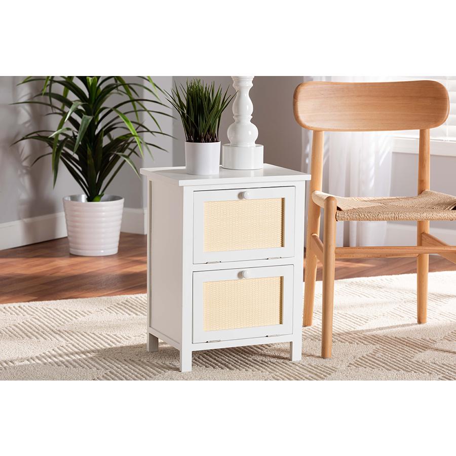 Baxton Studio Sariah Mid-Century Modern White Finished Wood and Rattan 2-Door Nightstand. Picture 7