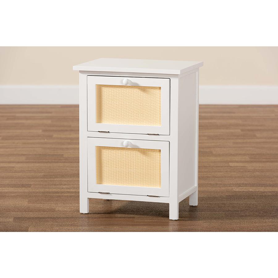Baxton Studio Sariah Mid-Century Modern White Finished Wood and Rattan 2-Door Nightstand. Picture 8