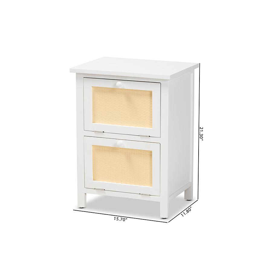 Baxton Studio Sariah Mid-Century Modern White Finished Wood and Rattan 2-Door Nightstand. Picture 9