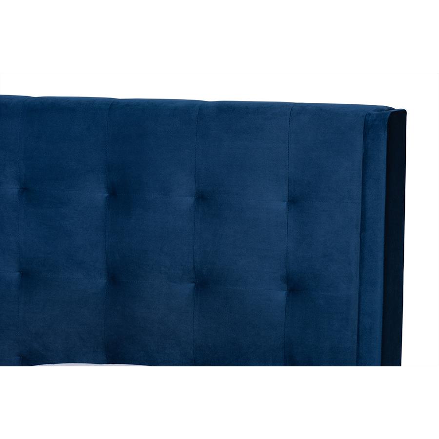Navy Blue Velvet Fabric and Dark Brown Finished Wood King Size Platform Bed. Picture 8