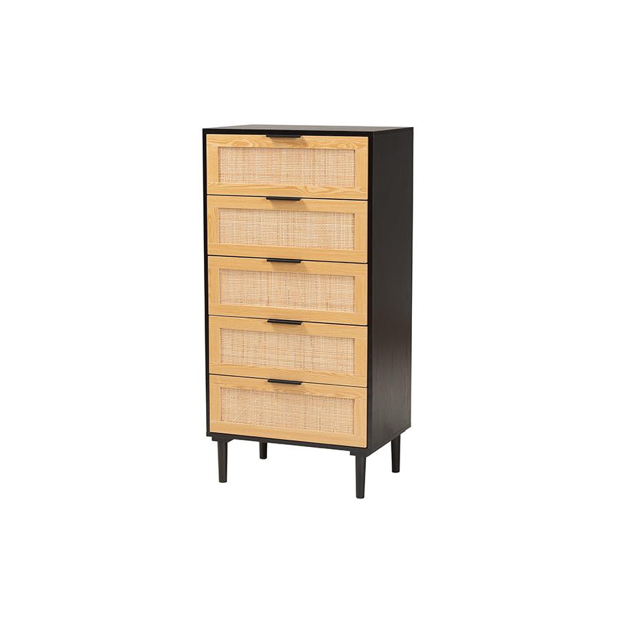 Espresso Brown Wood and Rattan 5-Drawer Storage Cabinet. Picture 1