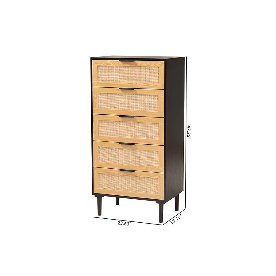 Espresso Brown Wood and Rattan 5-Drawer Storage Cabinet. Picture 10