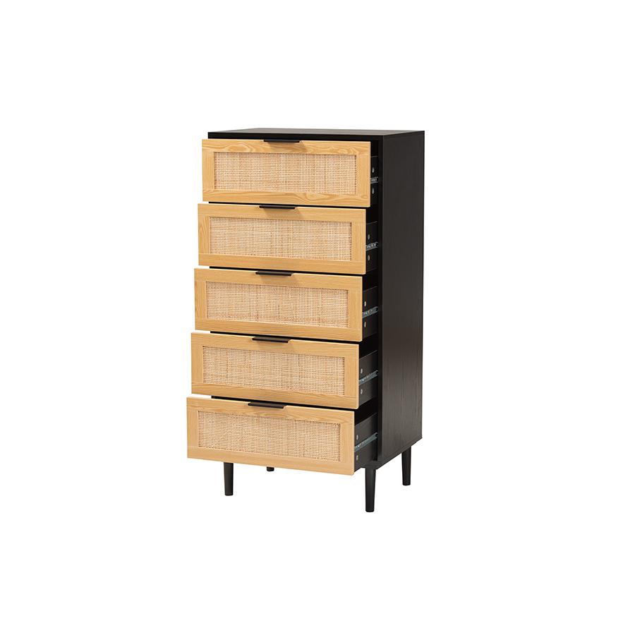 Espresso Brown Wood and Rattan 5-Drawer Storage Cabinet. Picture 2