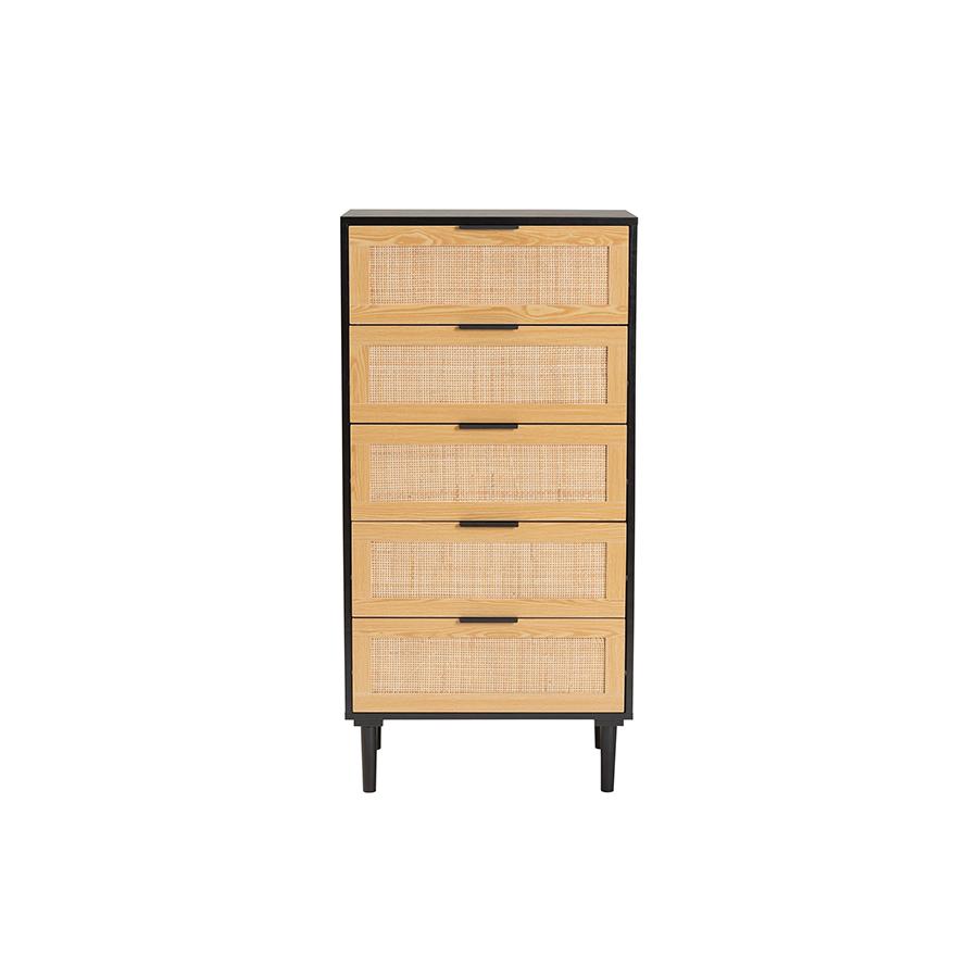 Espresso Brown Wood and Rattan 5-Drawer Storage Cabinet. Picture 3