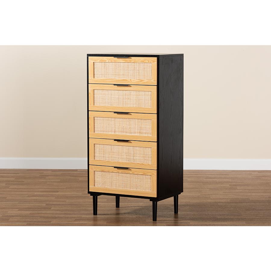 Espresso Brown Wood and Rattan 5-Drawer Storage Cabinet. Picture 9
