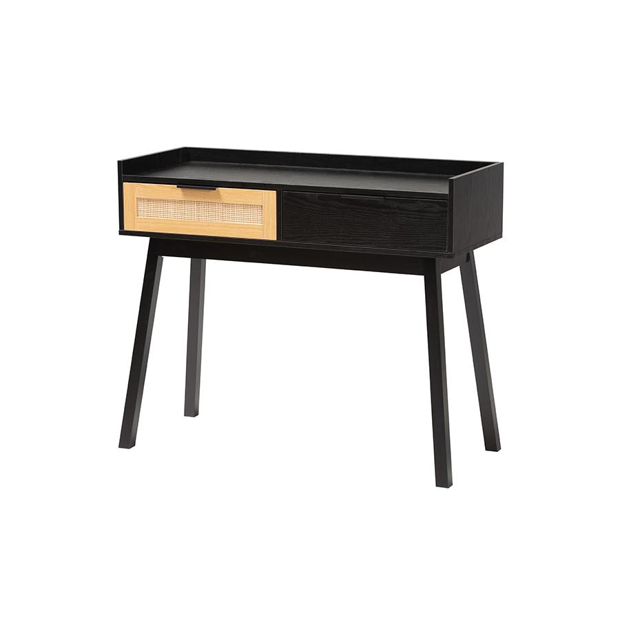 Two-Tone Espresso Brown and Natural Brown Finished Wood 2-Drawer Console Table. Picture 1
