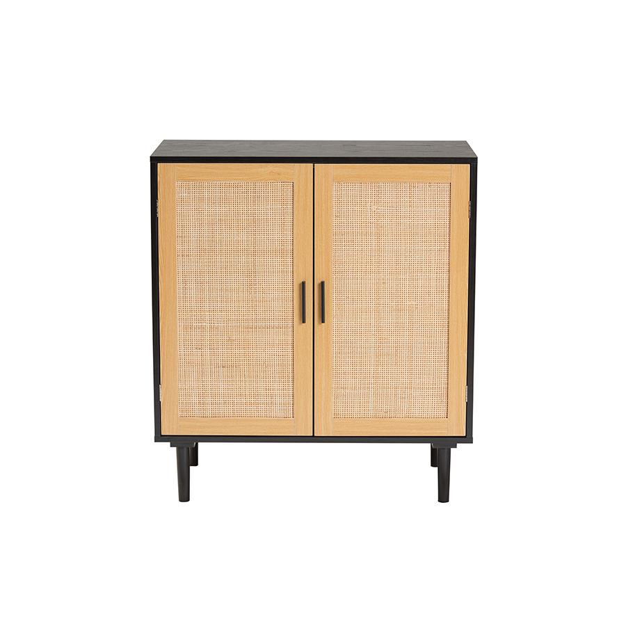 Maureen Mid-Century Modern Espresso Brown Wood and Rattan 2-Door Storage Cabinet. Picture 3