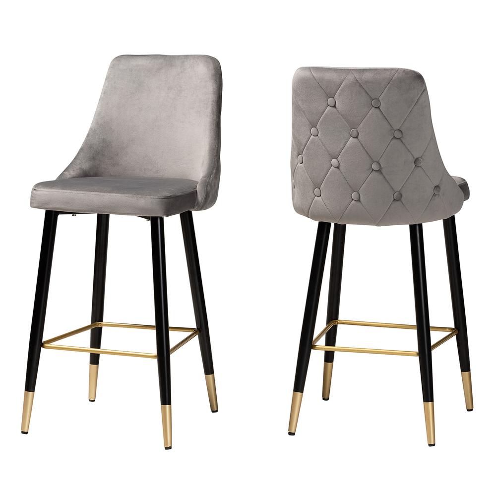Baxton Studio Giada Contemporary Glam and Luxe Grey Velvet Fabric and Dark Brown Finished Wood 2-Piece Bar Stool Set. Picture 2