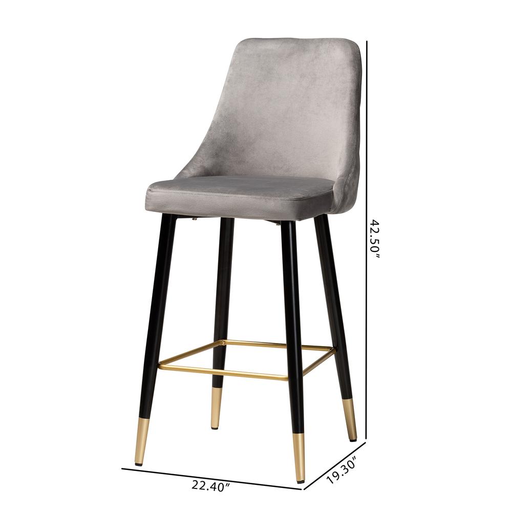 Baxton Studio Giada Contemporary Glam and Luxe Grey Velvet Fabric and Dark Brown Finished Wood 2-Piece Bar Stool Set. Picture 11