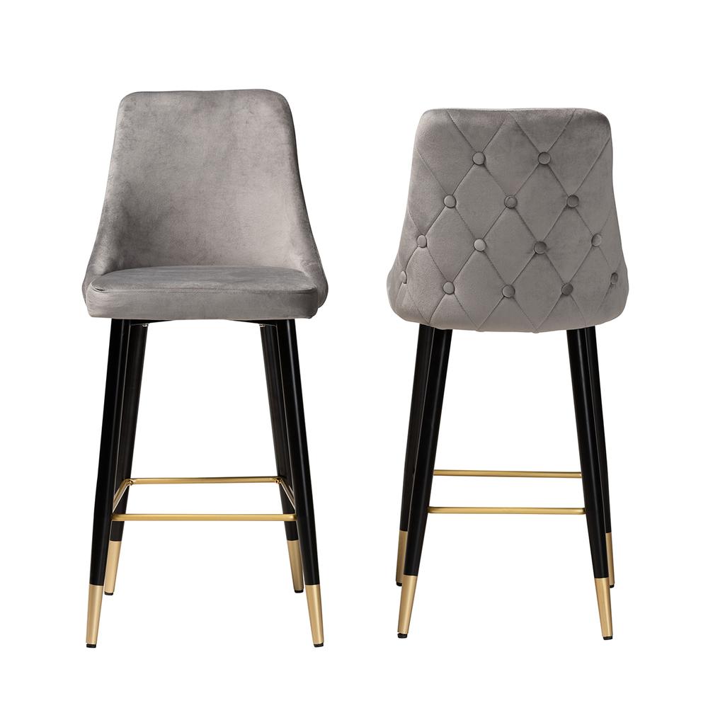 Baxton Studio Giada Contemporary Glam and Luxe Grey Velvet Fabric and Dark Brown Finished Wood 2-Piece Bar Stool Set. Picture 3