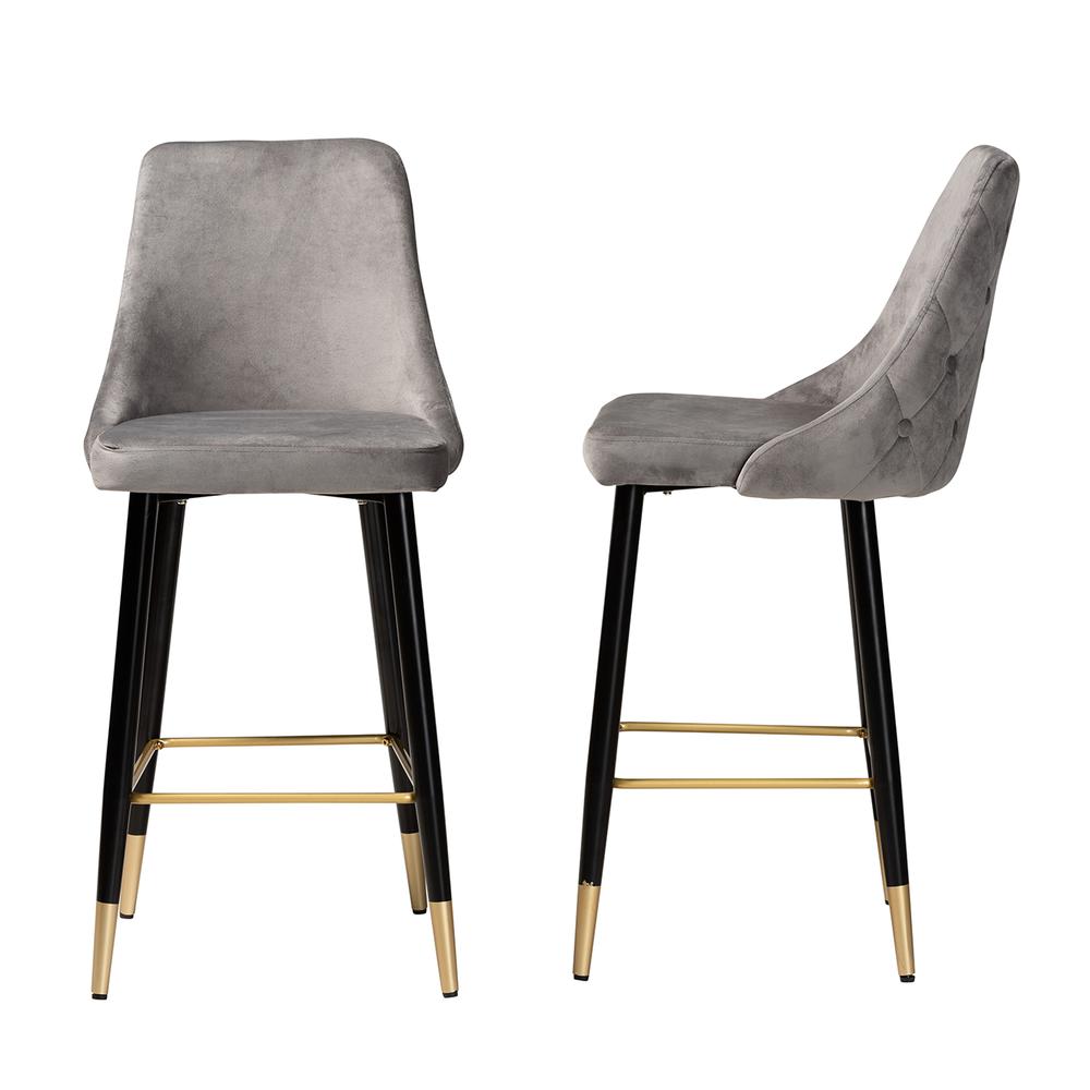 Baxton Studio Giada Contemporary Glam and Luxe Grey Velvet Fabric and Dark Brown Finished Wood 2-Piece Bar Stool Set. Picture 4
