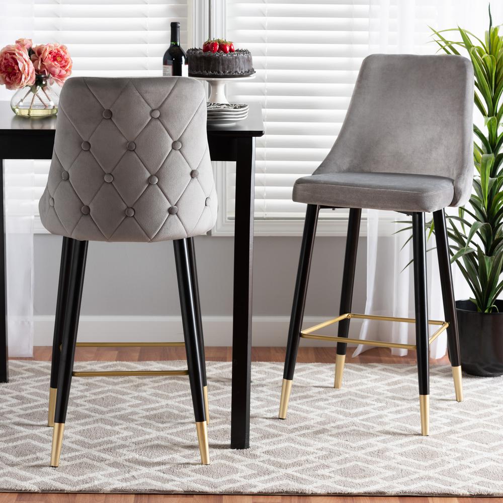 Baxton Studio Giada Contemporary Glam and Luxe Grey Velvet Fabric and Dark Brown Finished Wood 2-Piece Bar Stool Set. Picture 1