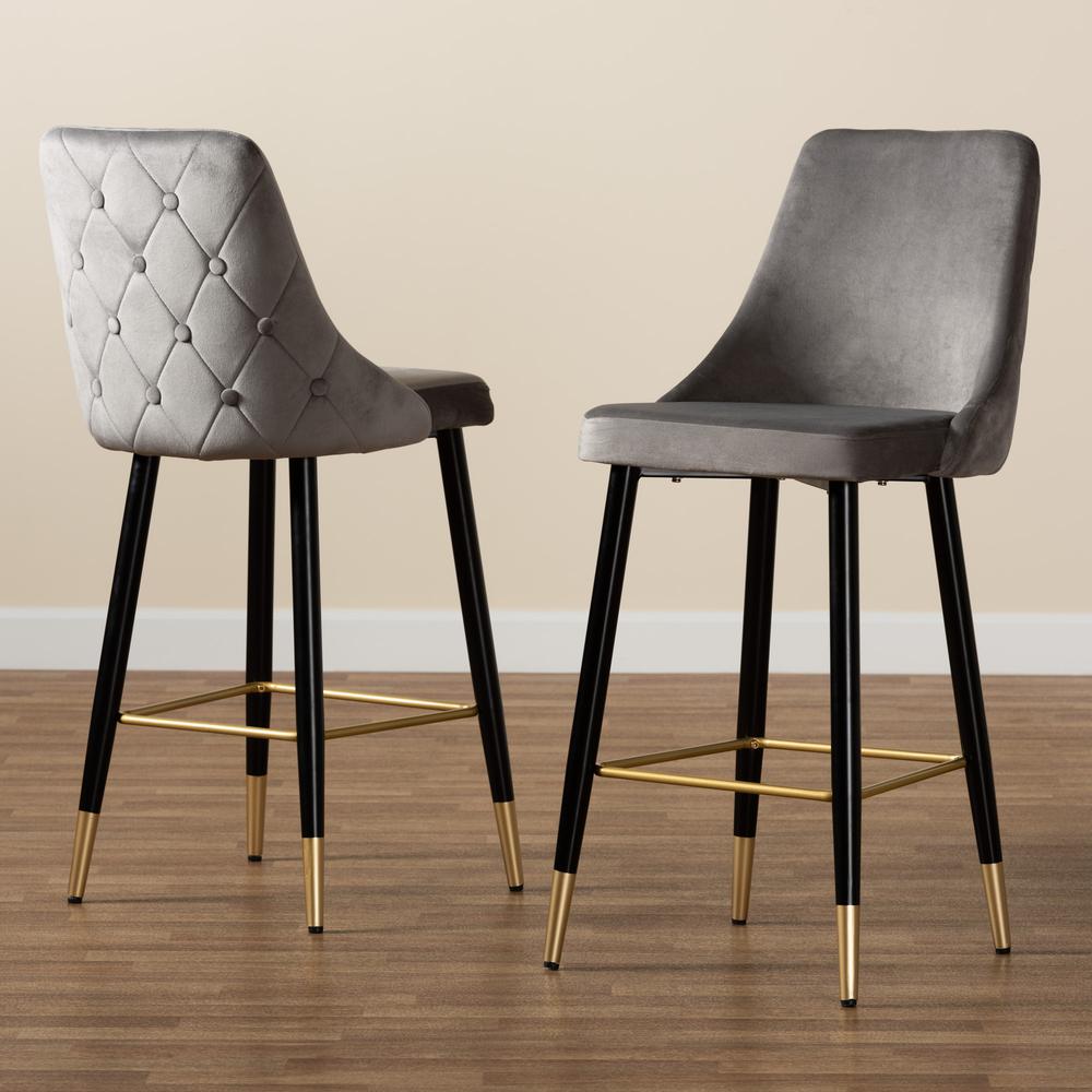 Baxton Studio Giada Contemporary Glam and Luxe Grey Velvet Fabric and Dark Brown Finished Wood 2-Piece Bar Stool Set. Picture 10