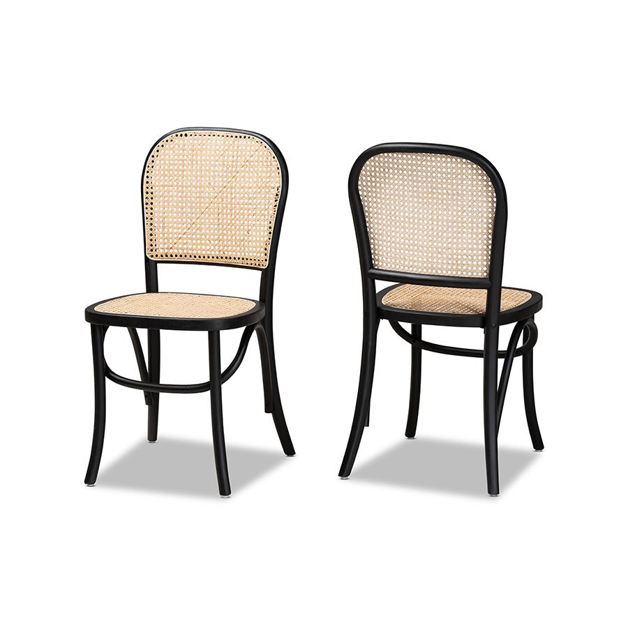 Brown Woven Rattan and Black Wood 2-Piece Cane Dining Chair Set. Picture 1