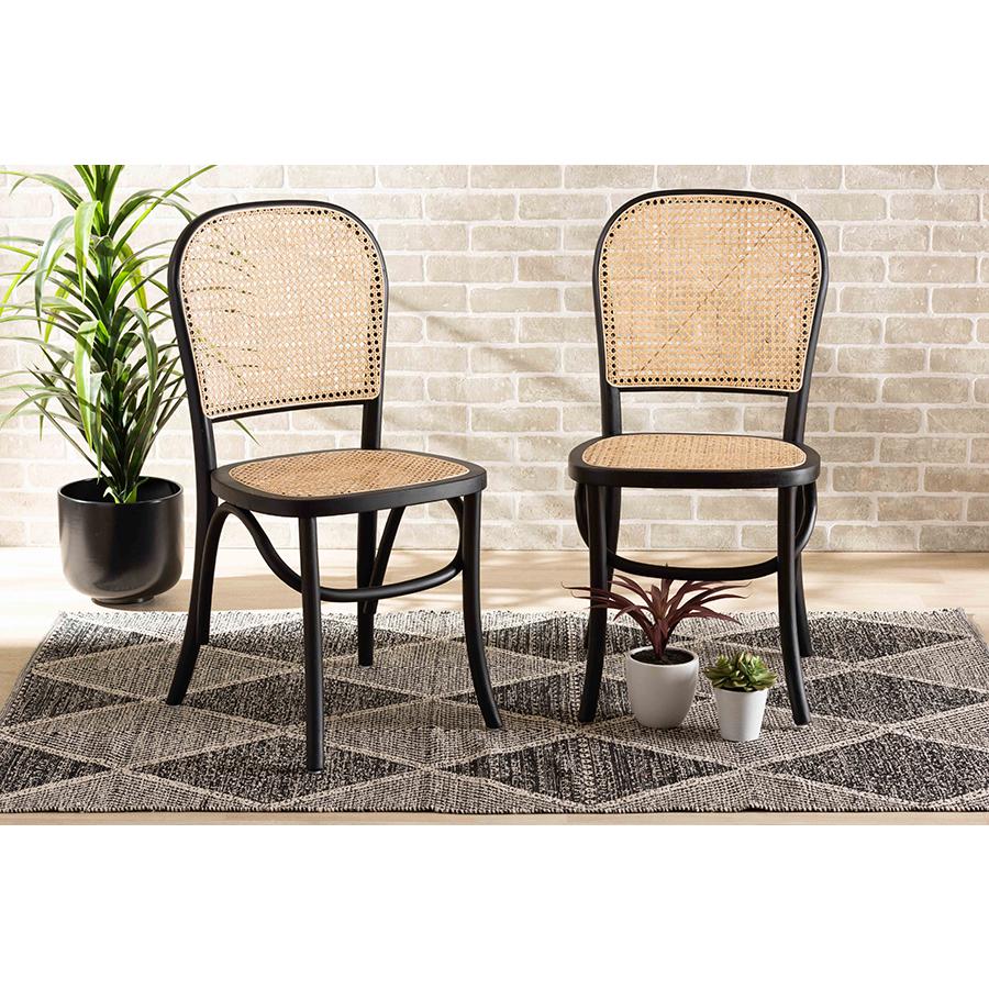 Brown Woven Rattan and Black Wood 2-Piece Cane Dining Chair Set. Picture 7
