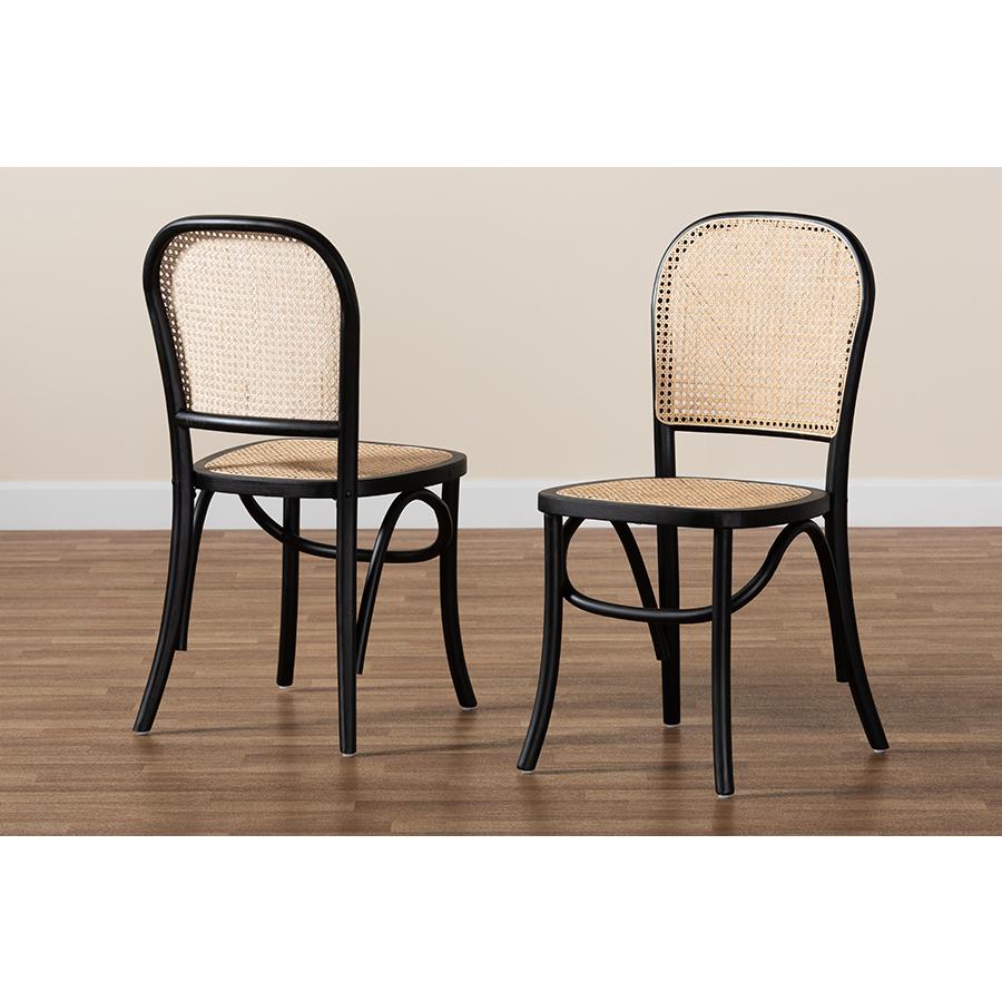 Brown Woven Rattan and Black Wood 2-Piece Cane Dining Chair Set. Picture 8