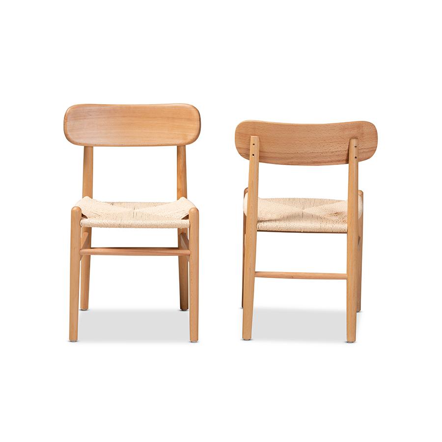 Raheem Mid-Century Modern Brown Hemp and Wood 2-Piece Dining Chair Set. Picture 2