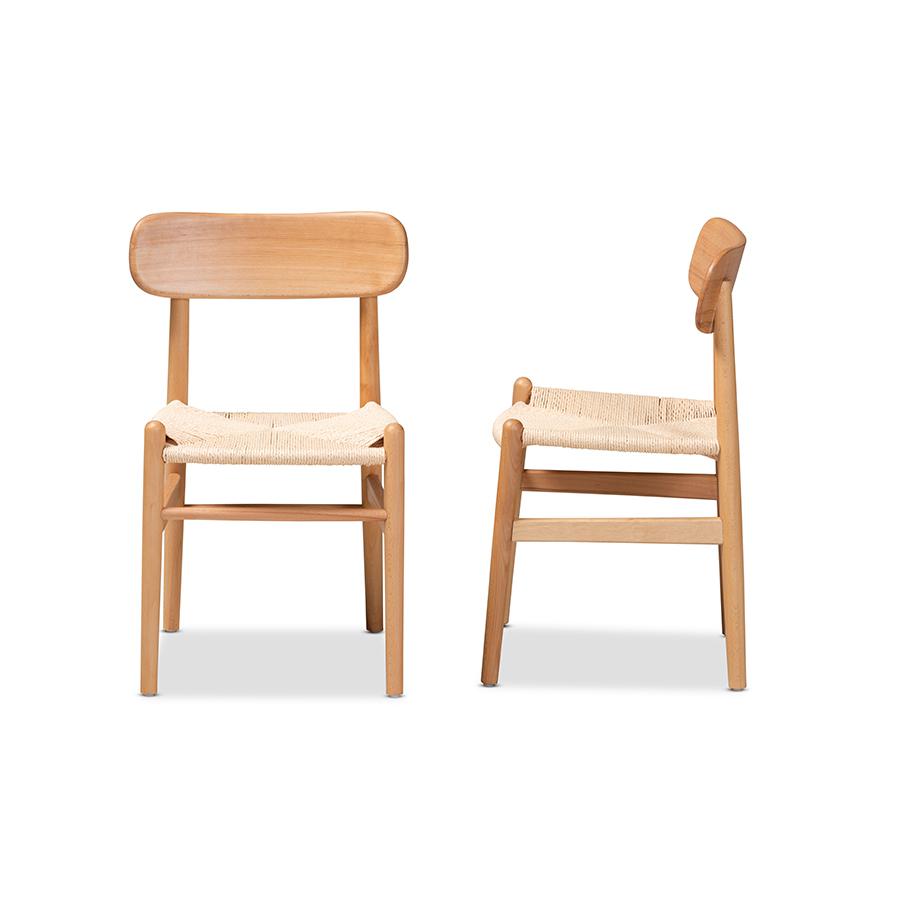 Raheem Mid-Century Modern Brown Hemp and Wood 2-Piece Dining Chair Set. Picture 3