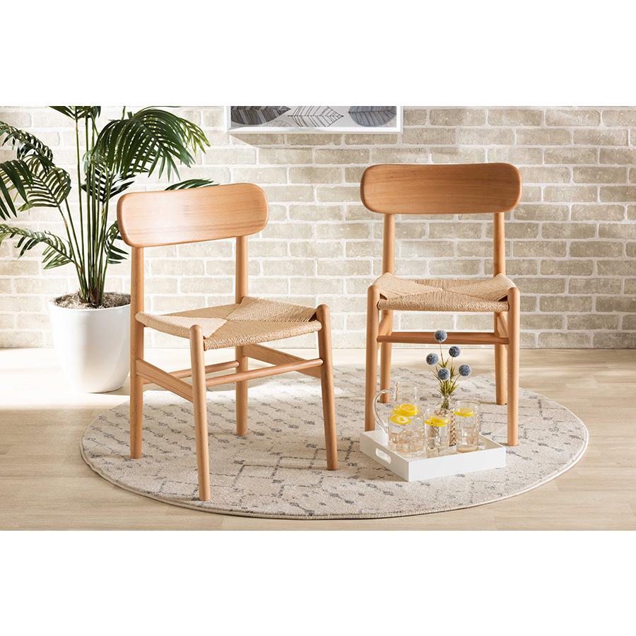 Raheem Mid-Century Modern Brown Hemp and Wood 2-Piece Dining Chair Set. Picture 7