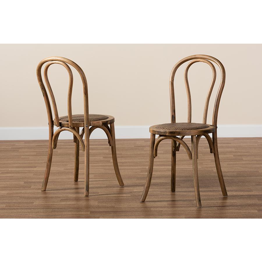 Baxton Studio Dacian Mid-Century Modern Brown Woven Rattan and Walnut Brown Wood 2-Piece Dining Chair Set. Picture 9