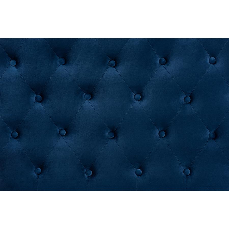 Navy Blue Velvet Fabric Upholstered Queen Size Headboard. Picture 3