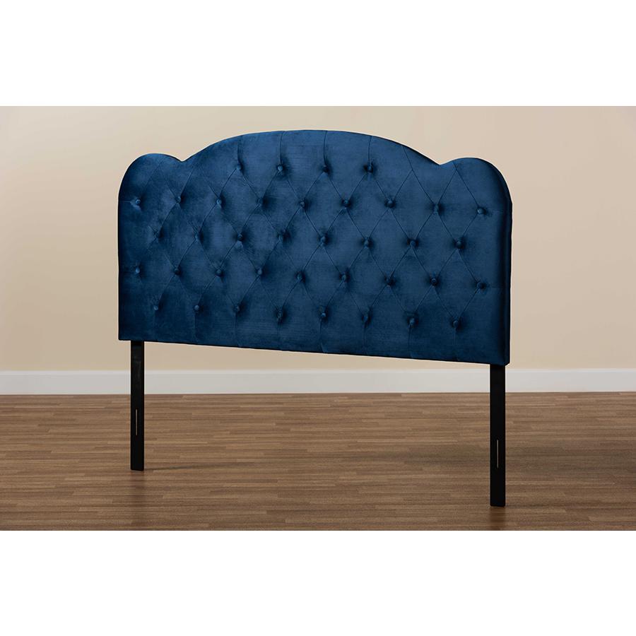Navy Blue Velvet Fabric Upholstered Queen Size Headboard. Picture 5