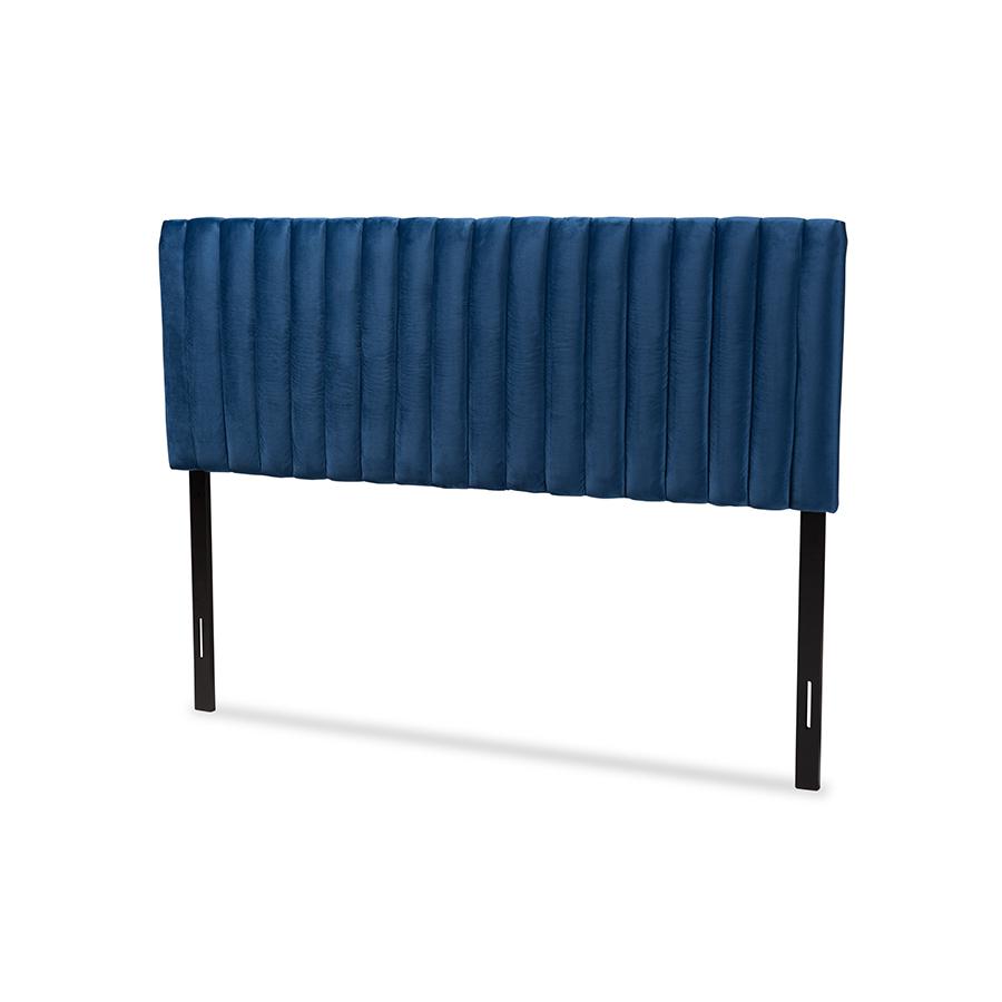 Baxton Studio Emile Modern and Contemporary Navy Blue Velvet Fabric Upholstered and Dark Brown Finished Wood Queen Size Headboard. The main picture.