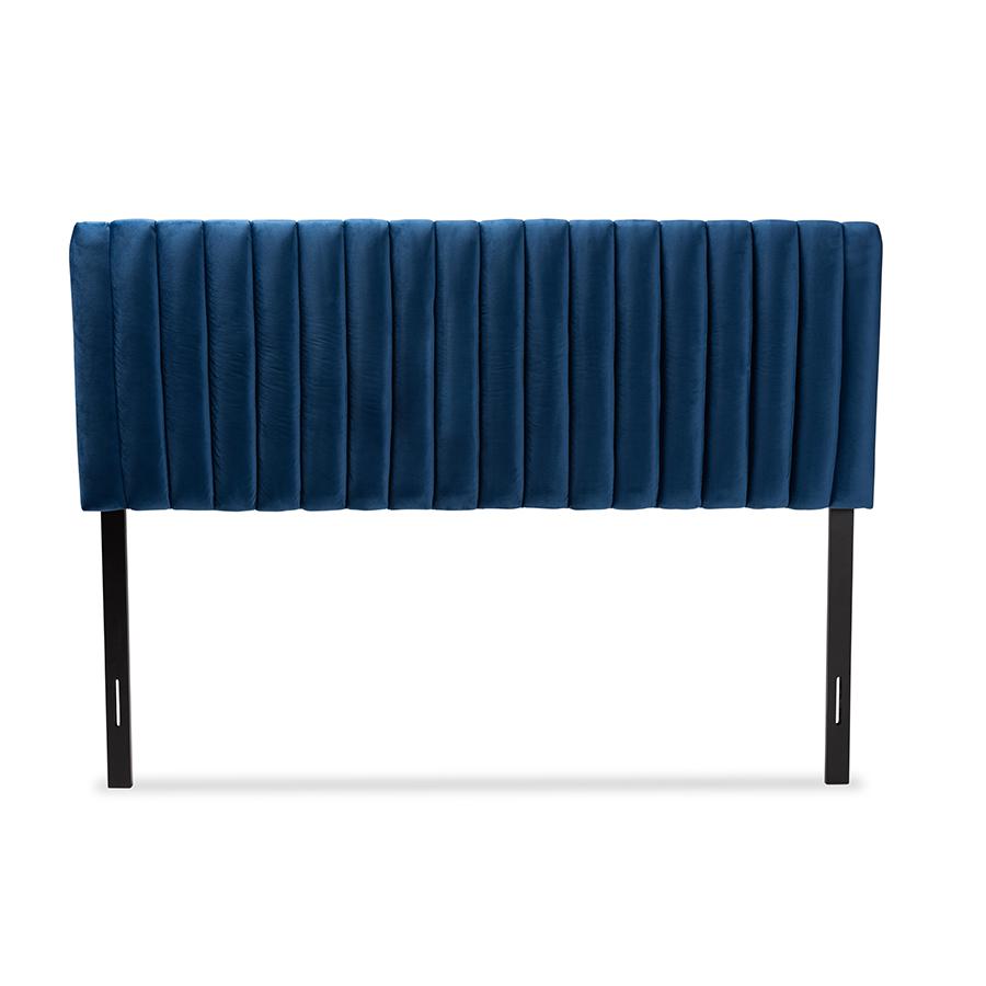 Baxton Studio Emile Modern and Contemporary Navy Blue Velvet Fabric Upholstered and Dark Brown Finished Wood Queen Size Headboard. Picture 2