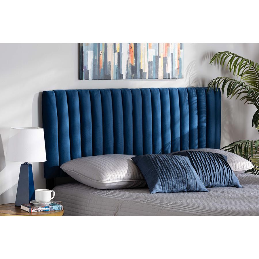 Baxton Studio Emile Modern and Contemporary Navy Blue Velvet Fabric Upholstered and Dark Brown Finished Wood Queen Size Headboard. Picture 4