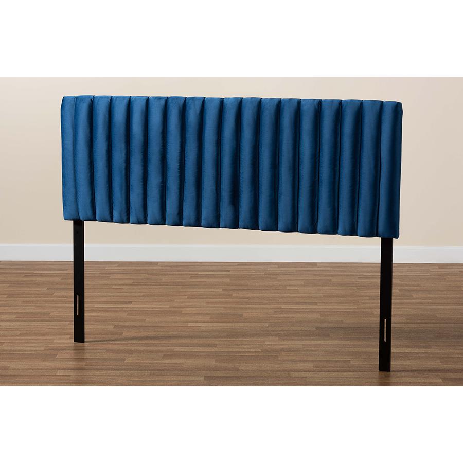 Baxton Studio Emile Modern and Contemporary Navy Blue Velvet Fabric Upholstered and Dark Brown Finished Wood Queen Size Headboard. Picture 5