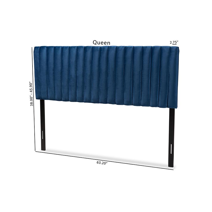 Baxton Studio Emile Modern and Contemporary Navy Blue Velvet Fabric Upholstered and Dark Brown Finished Wood Queen Size Headboard. Picture 7